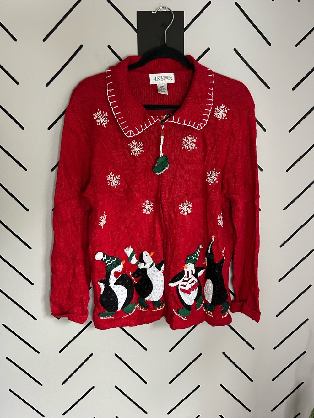 Vintage 2002 Christmas Cardigan: Penguin Snowflake Knit Sweater skating 3D